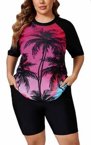 lot 1610 image: Halcurt Women Rash Guard Plus Size Built in Bra Two Piece Boyleg UV Swimsuit Palm 3X