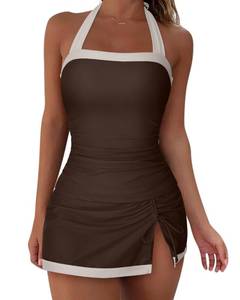 lot 1629 image: SUUKSESS Women Sexy Two Piece Tummy Control Tankini Swimsuit Halter Neck Slimming Swimwear 2025 Color Block Backless Bathing Suit (Beige Brown,Small)