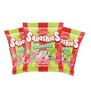 lot 1660 image: Squashie Drumstick Candy Variety 3 Pack Bundle - 3 Flavors Strawberry & Cream, Sour Cherry & Apple, Bubblegum - 120g Each - Imported from the UK (Cherry)