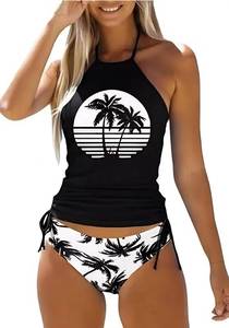 lot 1690 image: Womens Coconut Tree Drawstring Halter Tankini Set Two-Piece Tankini Set Tankini Top Sets Swimwear(L, Black)