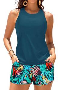 lot 1691 image: Daci Teal and Leaves Tankini Swimsuits for Women - Tummy Control Two Piece Bathing Suits with Shorts High Neck Swimwear Two Side Pockets L