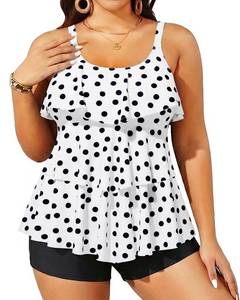 lot 1701 image: Yonique Womens Plus Size Tankini Swimsuits with Shorts Two Piece Bathing Suits Ruffle Swimsuits Tummy Control Swimwear White Polka Dots 14W