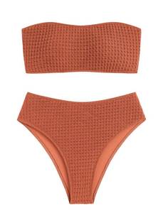 lot 1748 image: ZAFUL Womens Textured Bandeau Bikini Strapless Solid Color 2 Pieces Bathing Back Lace-up Suit Swimsuit (7-Caramel,L)