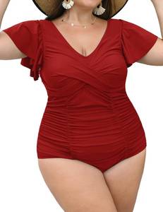 lot 1753 image: Curvtide Women Plus Size Swim Romper Swimsuits One Piece Swim Suit Modest Tummy Control Ruffle Sleeves Bathing Suits (Red,2XL)