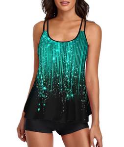 lot 1764 image: Urchics Women Tankini Swimsuit Flowy Swimdress Swimwear Two Piece Bathing Suits Green Meteor XXL