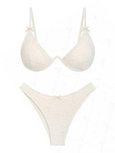 lot 1769 image: seamoly Solid Color Textured Bowknot Decor Underwire Cheeky Bikini Set,Beige,XS