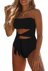 lot 1783 image: Viottiset Womens Bandeau One Piece Swimsuit Strapless Tie High Cut Out Bathing Suit Black Medium
