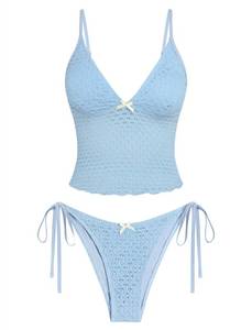 lot 1784 image: ZAFUL Tankini Swimsuits for Women Lace Jacquard Bowknot Decor Tummy Control High Cut Tanga Tankini Set(A-Sky Blue, S)