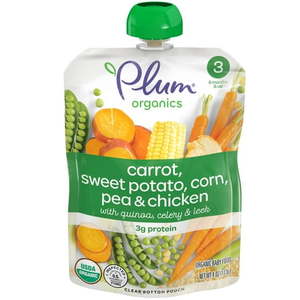 lot 1799 image: 6 Pack Plum Organics Carrot, Sweet Potato, corn, pea, and chicken Pouches 4 oz each