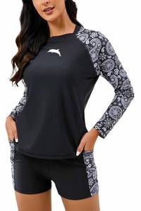 lot 1866 image: Halcurt Women Built in Bra Rashguard Shirt and Shorts Long Sleeve Modest Swimsuits Two Piece Set Black L