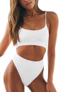 lot 1875 image: Meyeeka High Cut One Piece Lace Up Swimsuit for Women Spaghetti Strap Cut Out Bodysuit Monokini M White