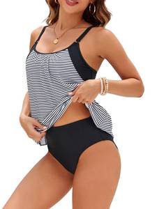 lot 1889 image: ZAFUL Two Piece Tankini Swimsuit for Women High Waisted Tummy Control Bathing Suit Double Up Tankini Set Stripe M