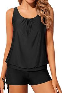 lot 2033 image: Yonique Blouson Tankini Swimsuits for Women 2 Piece Black Bathing Suits Tops with Boyshorts Modest Loose Fit Swimwear L - Retail $38