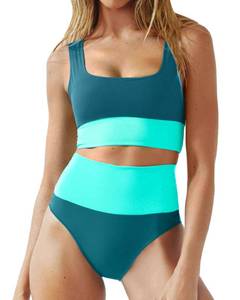 lot 2038 image: Jolefille Womens High Waisted Bikini Set 2 Piece Color Block Swimsuits Sporty Full Coverage Bathing Suit L - Retail $33