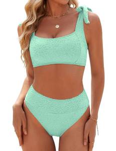 lot 2057 image: Blooming Jelly Womens High Waisted Bikini Set Tie Strap Jacquard Terry Cloth 2 Piece Swimsuit Modest Cute Retro Bathing Suit (Medium, Pearl Aqua) - Retail $30