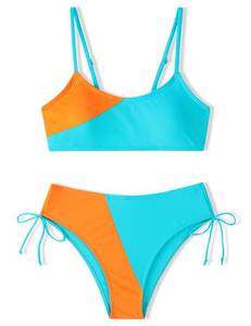 lot 2058 image: FoWear Girls Swimsuits Bikini Set Two Pieces Blue and Orange Patchwork Color Block Bikini with Adjustable Shoulder Strap Girls Bathing Suits Size 10-12 - Retail $28