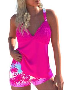 lot 2059 image: ROSEWE Womens Tankini Bathing Suits, Two-Piece Smocked Swim Dress, Print Swimsuits with Board Shorts Hot Pink XL - Retail $34
