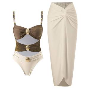 lot 2071 image: YUNIDMEIM Womens One Piece Swimsuit with Cover up Set Beach Wrap Skirt Retro Bikini Set Two Piece Bathing Suit with Cover up Brown Medium  - Retail $46