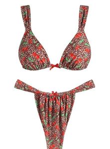 lot 2072 image: RoseSeek Womens 2 Piece Leopard Cherry Bathing Suit Wireless Triangle Swimsuit High Waisted Bikini Sets X Large - Retail $38