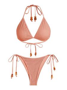 lot 2087 image: ZAFUL Women Bikini Set Two Piece Textured Crochet Flower Tie Back Halter Triangle Cheeky Swimsuit Bathing Suit Size 4 - Retail $236