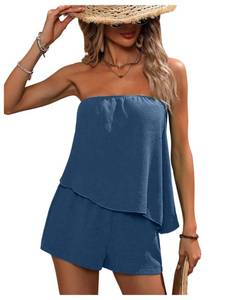 lot 2089 image: SOLY HUX Womens Summer 2 Piece Outfits Sleeveless Asymmetrical Tube Top and Shorts Set Plain Dusty Blue X-Large - Retail $44