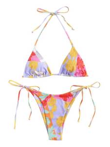 lot 2096 image: ZAFUL Womens Printed Triangle Bikinis 2 Piece Halter Bikini Sets High Cut Bathing Suit Side Tie Swimsuits Purplr Floral M - Retail $149