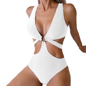 lot 2098 image: Favnac Womens Deep V Neck One Piece Swimsuit Sexy Cut Out Bathing Suit O-Ring Swimwear White Large - Retail $40