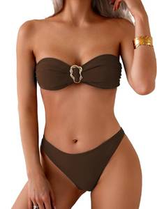 lot 2100 image: Fanuerg Womens Strapless Bandeau Bikini Sets Ring Tie Back Two Piece Swimsuit High Cut Cheeky Bathing Suits Brown L - Retail $26
