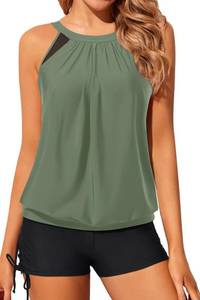 lot 2111 image: Yonique Tankini Swimsuits with Shorts - Tummy Control Two Piece Blouson Bathing Suits High Neck Swimwear Olive Green Medium - Retail $39