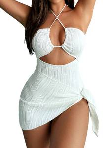 lot 2120 image: SKAYS Womens One Piece Swimsuit Texture Hollow Out Halter Neck Solid Color Bathing Suit with Cover-Up 2-Piece Sets Swimwear White L - Retail $187