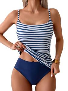 lot 2129 image: Eomenie Womens Swimsuit Tankini Tummy Control Bathing Suits Two Piece Full Coverage Slim Swim Suits with High Waisted Bottom Blue Stripe Medium  - Retail $39