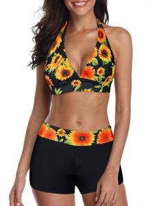 lot 2137 image: Century Star Women Swimsuit Halter Push Up Top Boyshort Bikini Set Two Piece Bathing Suit Swimwear Sunflower Print 6-8 - Retail $152