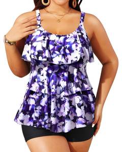 lot 2138 image: Yonique Womens Plus Size Tankini Swimsuits with Shorts Two Piece Bathing Suits Ruffle Swimsuits Tummy Control Swimwear Purple Floral 22W - Retail $42