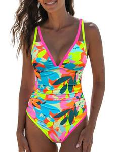 lot 2140 image: popvil Womens Tummy Control Swimsuits One Piece Neon Color Block Swimwear Deep V Neck Slimming Bathing Suit L - Retail $32