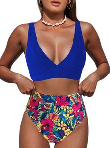 lot 2142 image: Hilinker V Neck 2 Piece Bikini Sets for Women Floral Print High Waisted Swimsuit Royal Blue Medium - Retail $32