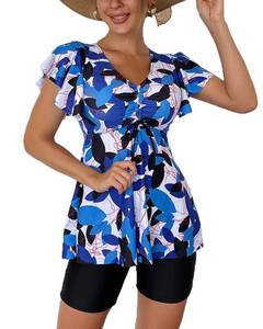 lot 2156 image: Fanuerg Womens Tankini Swimsuits Ruffled Flowy Tankini Tops with Boy Shorts Swimwear Tummy Control Two Piece Bathing Suits Blue Floral Print L