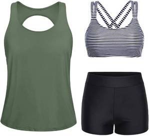 lot 2158 image: Yonique 3 Piece Tankini Swimsuits for Women Bathing Suits with Boy Shorts and Swim Tank Top Bra Modest Swimwear Army Green L - Retail $39
