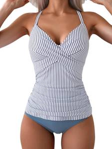 lot 2168 image: B2prity Womens Ruched Tankini Swimsuits V Neck Wrap Tie Back Two Pieces Swimwear Tummy Control Bathing Suit (Blue Striped) Large  - Retail $39