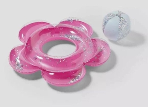 lot 2184 image: Sun Squad Glitter Flower Pool Float and Beach Ball  - Retail $23