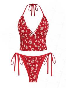 lot 2188 image: seamoly Womens Tankinis Floral Print Bowknot Decor Halter Tied Back Tie Side Tankini Set, Red, M - Retail $39