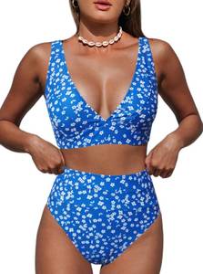 lot 2206 image: Hilinker Womens Leopard Bikini Swimsuits V Neck High Waisted 2 Piece Bathing Suits (as1, Alpha, l, Regular, Regular, Blue Floral) Large  - Retail $33