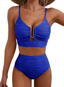 lot 2214 image: Herseas Womens High Waisted Bikini Sets Ribbed 2 Piece V Neck Popular Bathing Suit Textured U-Wired Push Up Casual Swimsuit Elegant Beach Vacation Clothes Bright Blue Small - Retail $30