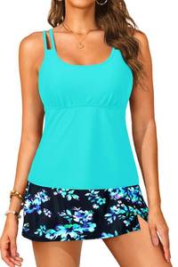 lot 2217 image: Tempt Me Women Tankini Swimsuits with Skirt - Aqua Blue Floral Two Piece Tummy Control Bathing Suit with Pockets Loose Fit 2026 Swimwear XXL - Retail $42