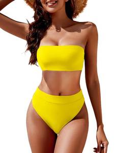 lot 2219 image: YACUN Womens High Waisted Bikini Swimsuit Two Piece Strapless Bandeau Cheeky Bathing Suits Yellow XL - Retail $35