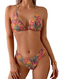 lot 2235 image: Falainetee Womens Floral Tropical Print Bathing Suit Halter Summer Boho Swimsuit Bikini Set Hot Pink XS - Retail $22