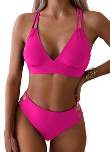 lot 2260 image: Tainehs Womens Push Up V Neck Bikini Sets Criss Cross Back Two Piece Bathing Suit Hot Pink Large  - Retail $30
