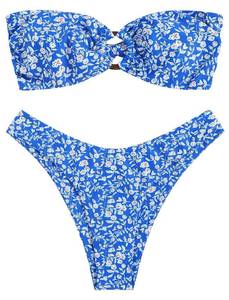 lot 2272 image: ZAFUL Womens Bandeau Bikini O Ring Strapless Tie Back High Cut Two Piece Swimsuit Bathing Suits (5-Floral Blue, M) - Retail $28