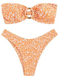 lot 2286 image: ZAFUL Womens Bandeau Bikini O Ring Strapless Tie Back High Cut Two Piece Swimsuit Bathing Suits (5-Floral Orange, M) - Retail $28