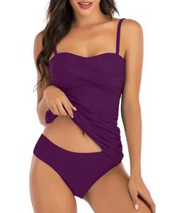 lot 2287 image: Shuangyu Bandeau Tankini Swimsuits for Women Ruched Tummy Control Top Swimwear with Mid Waist Briefs Purple L - Retail $39