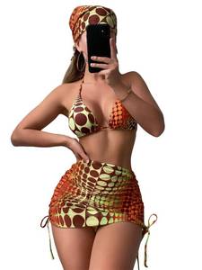 lot 2296 image: RoseSeek Womens 4 Piece Swimsuits Halter Triangle Bikini Sets Bathing Suit with Mesh Cover Up Skirt & Bandana Burnt Orange Large - Retail $37